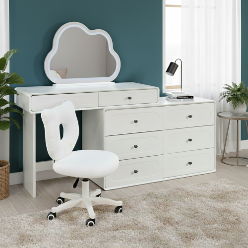 طاولة زينة مع مرآة مضيئة بخزانة 6 أدراج ومقعد أبيض