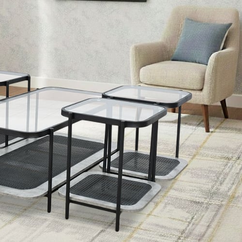 طقم طاولات خدمة 5 قطع 2 دور سطح زجاجي