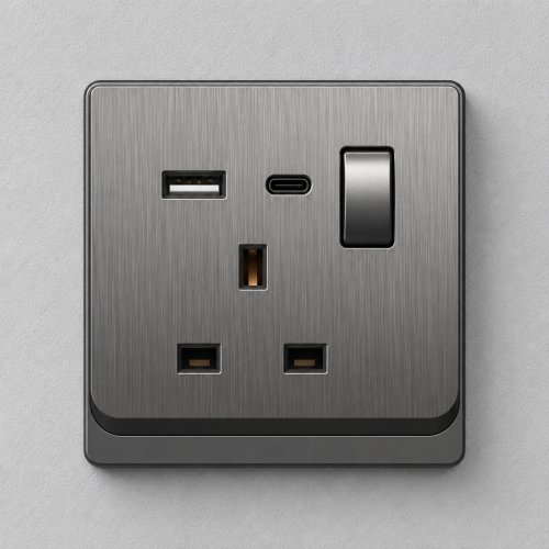 فيش مع مفتاح + منفذ USB-TC رمادي ديكور ZM