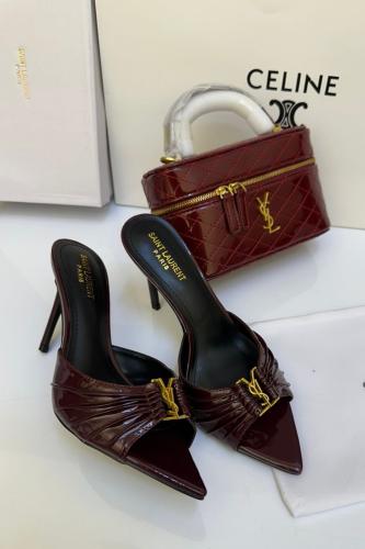 طقم شنطه وكعب سان لوران - عنابي