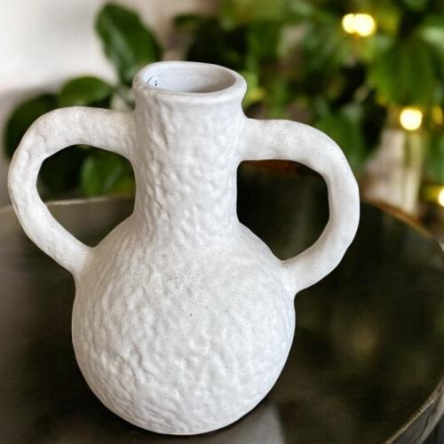 فازة ديكورية نحتية بيضاء بمسكتين (تصميم إغريقي عضو...