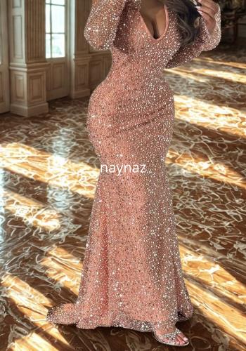 فستان تل مطرز بلول وخرز فاخر