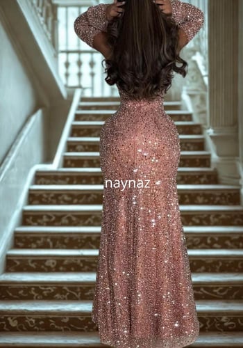 فستان تل مطرز بلول وخرز فاخر