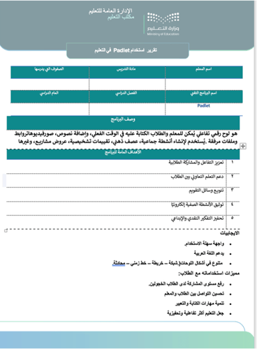 تقرير توثيق استخدام أداة Padlet في العملية التعليم...