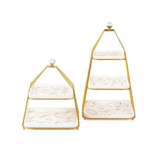 حامل حلويات ذهبي مع أطباق سيراميك