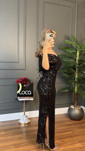 فستان سهره اسود ماسك بتطريز ترتر فخم من لوكا فاشن