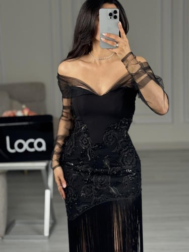 فستان سهره اسود بهدب