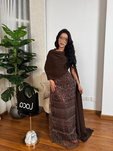 فستان سهره فخم مطرز باللون الموكا