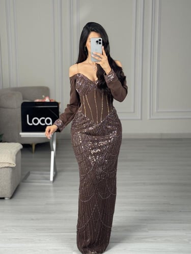 فستان كوفي شيك مطرز بكورسيه