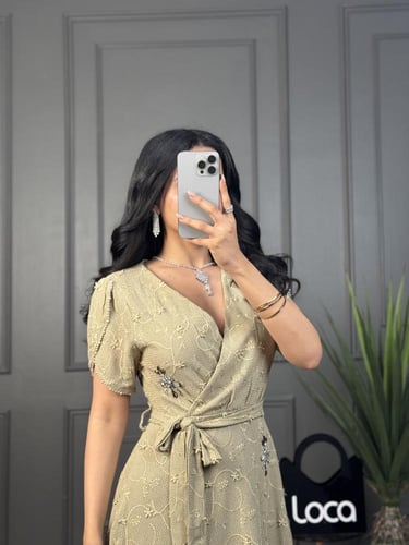 فستان العيد بتطريز انيق لون زيتي من لوكا فاشن