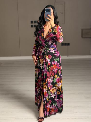 فستان ناعم طويل ماكسي ملفوف بنقشة زهور أنيقة