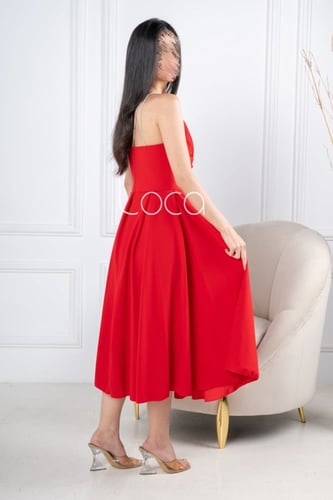 فستان احمر ناعم بكريستال انيق