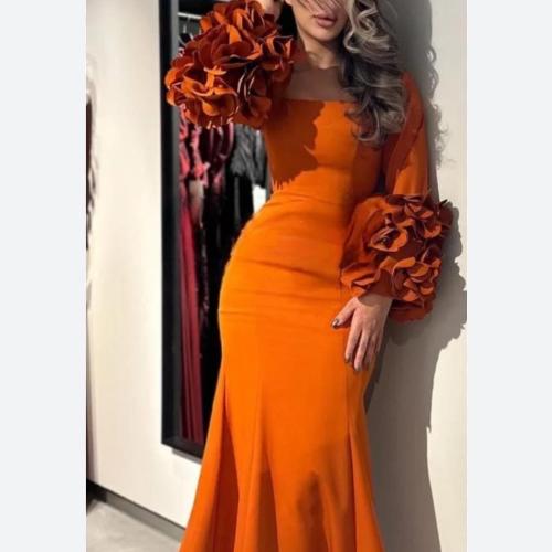 فستان أورورا البرتقالي باكمام الكشكشة