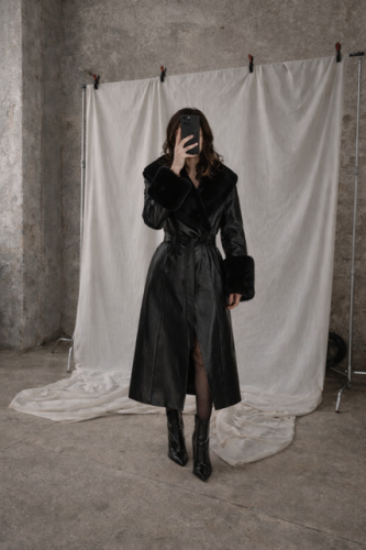 Long Black Fur-Trimmed Coat with Brown Skirt Set