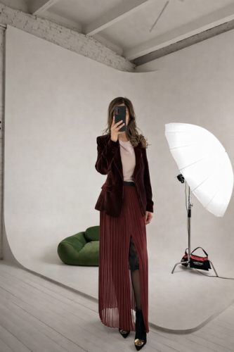 Burgundy Velvet Blazer & Maxi Skirt