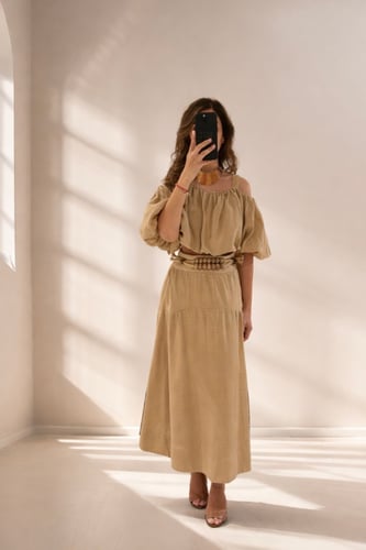 Off-Shoulder Top & Belted Midi Skirt Set
