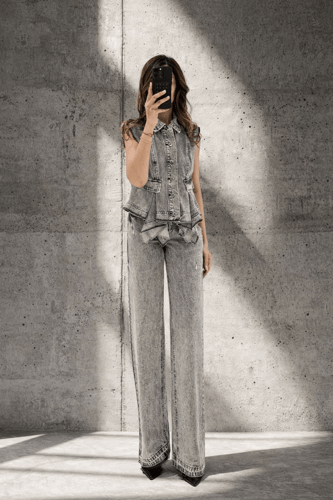 Couture Ivory Leather Jacket with Tailored Two-Piece Denim Set