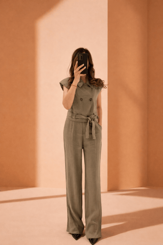 Sleeveless Khaki Top & Wide-Leg Pants Set