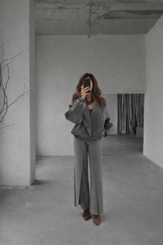 Charcoal Leather Jacket & Wide-Leg Trousers Set