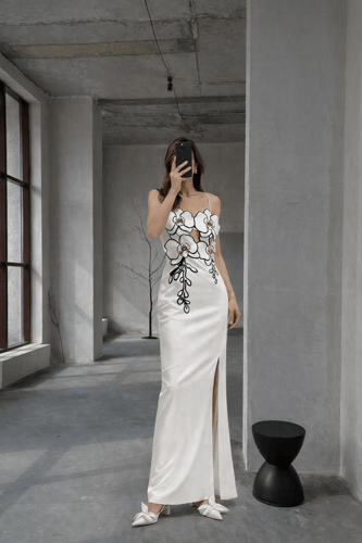 Ivory Floral Satin Gown
