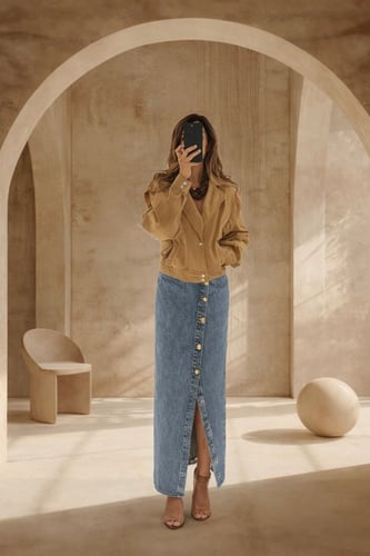 Camel Jacket & Denim Maxi Skirt Set
