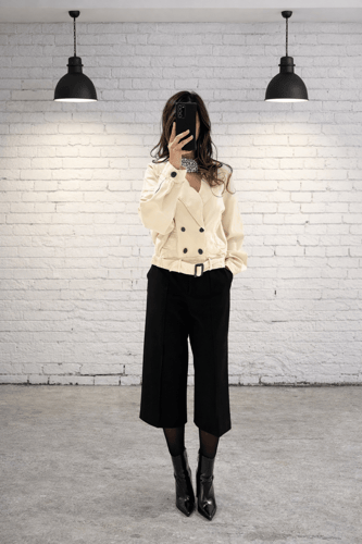Cream Jacket & Wide-Leg Cropped Pants Set
