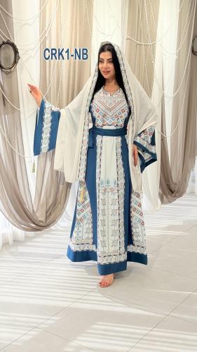 فستان كريب فلاحي كم ساتان تطريز فلسطيني