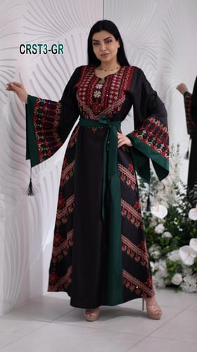 فستان كريب فلاحي مع ساتان مرصع الماس