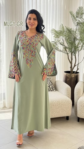 فستان خليجي ملون كلوش تطريز كامل أمام واكمام