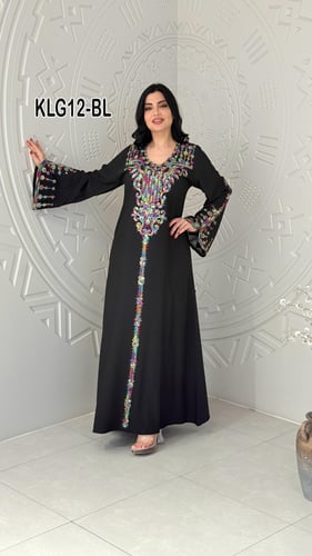 جلابيه خليجي ملون كلوش تطريز كامل أمام واكمام