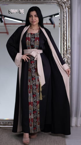 طقم عبايه ٣ قطع مرصع الماس تطريز فلسطيني كامل