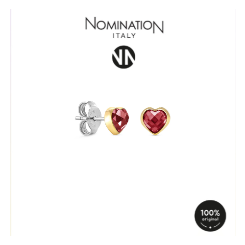 حلق نومينيشن حجر زيركون شكل قلب لون احمر اطار ذهبي