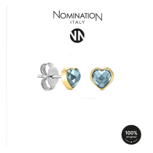 حلق نومينيشن حجر زيركون شكل قلب لون سماوي اطار ذهب...