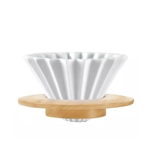 قمع تقطير سيراميك قاعدة خشبية 01-02 | V60 | ابيض