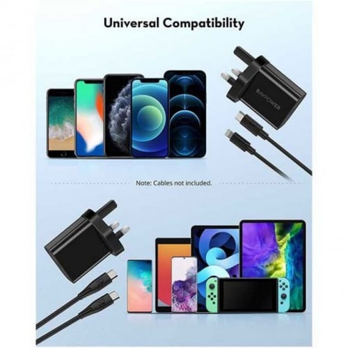 شاحن جداري راف باور 20 واط مدخل PD ، أسود