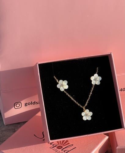 طقم ورده صدف طبيعي حلق+ سلسال مطلي ذهب