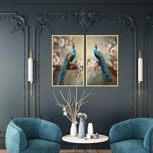 لوحة قماشية ثنائية بتصميم طاووس و ورد