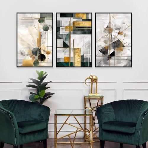 لوحة قماشية ثلاث قطع بتصميم الفن الهندسي و التجريد...