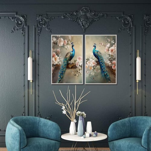 لوحة قماشية ثنائية بتصميم طاووس و ورد