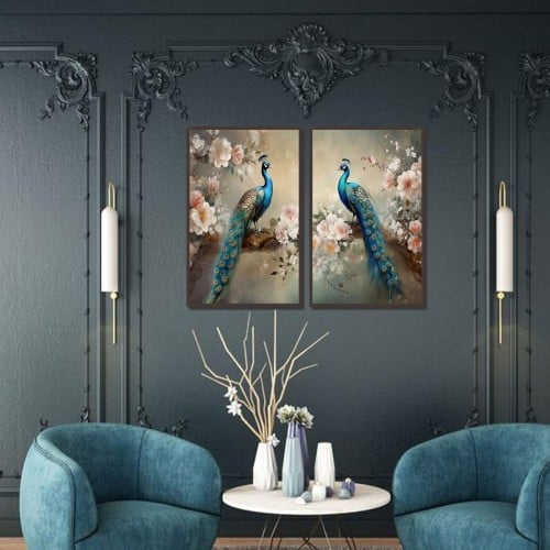 لوحة قماشية ثنائية بتصميم طاووس و ورد