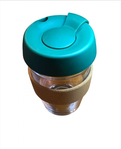 كوب زجاجي 350ml بغطاء ربل زيتي