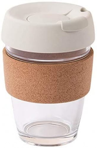 كوب زجاجي 350ml بغطاء ربل رمادي