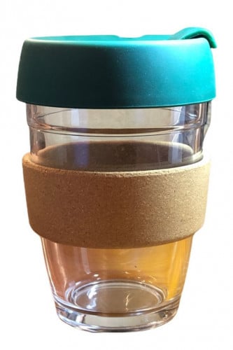 كوب زجاجي 350ml بغطاء ربل زيتي