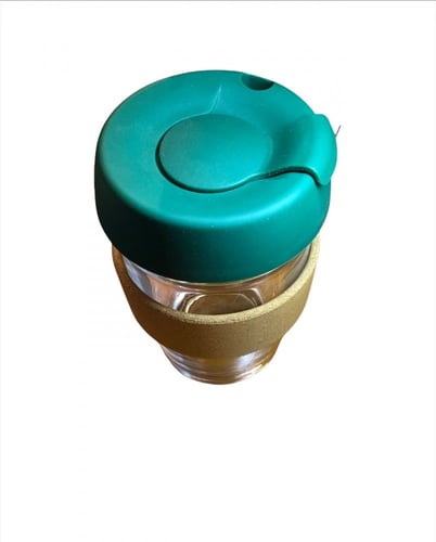 كوب زجاجي 350ml بغطاء ربل زيتي