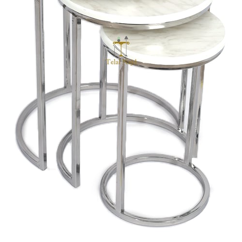 طقم طاولات خدمة استيل لون أبيض وسطح خشب شبيه الرخا...