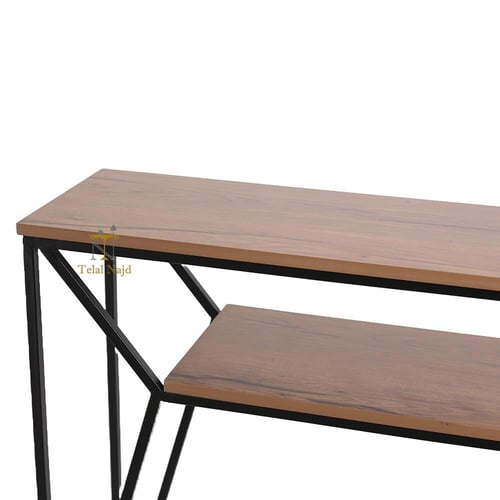 طاولة كونسول استقبال لون اسود قاعدة معدن سطح خشب ل...