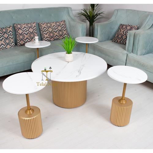 طقم طاولة تقديم سطح خشب مع 4 طاولات خدمة لون ذهبي