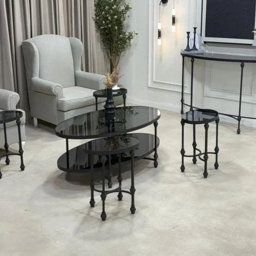 طقم طاولة بيضاوي دورين فخم سطح زجاج اسود