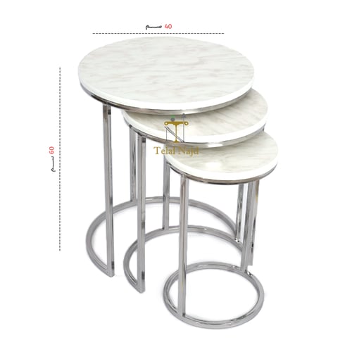 طقم طاولات خدمة استيل لون أبيض وسطح خشب شبيه الرخا...