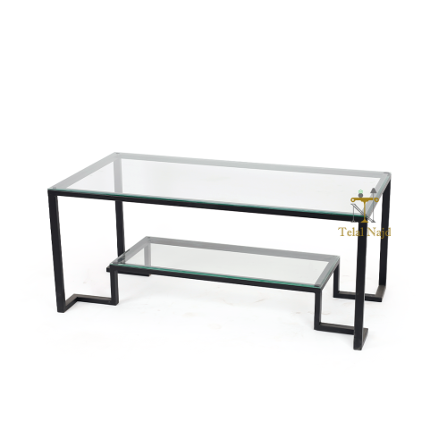 طاولة تقديم دورين قواعد معدن حديد أسود وسطح زجاج ش...